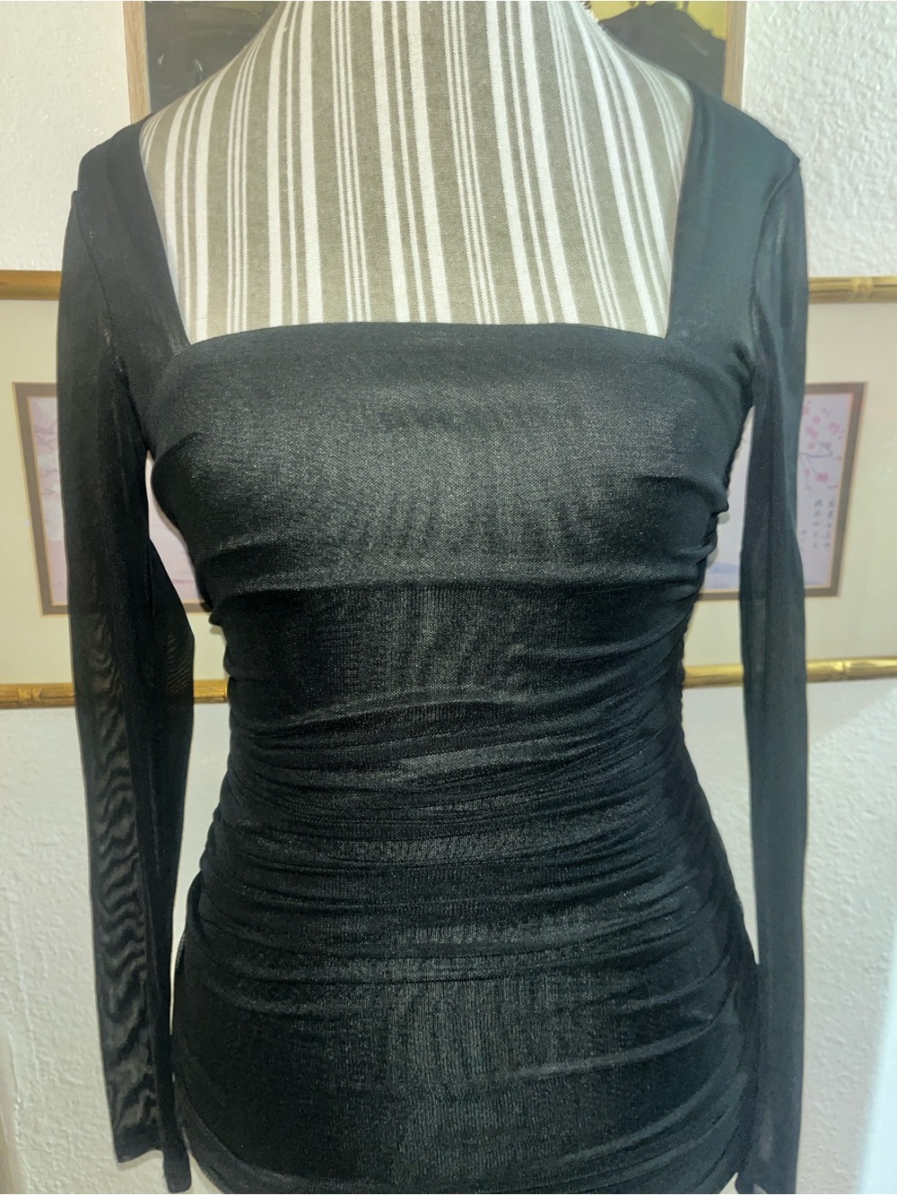 Windsor Black Ruched Mesh Long Sleeve Bodycon Mini Dress XS Y2K